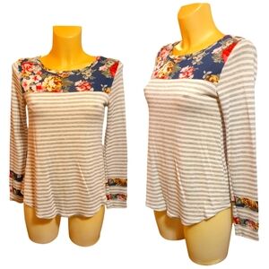 🌹3/15🌹LAKE FLOWER Striped Floral Stretchy Long Sleeve Shirt